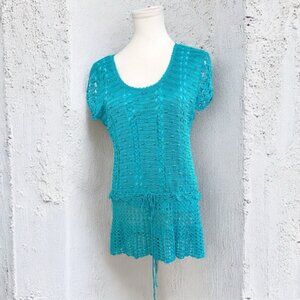 Vintage Fairycore Teal Crochet Swim Cover Up knit mermaidcore XL